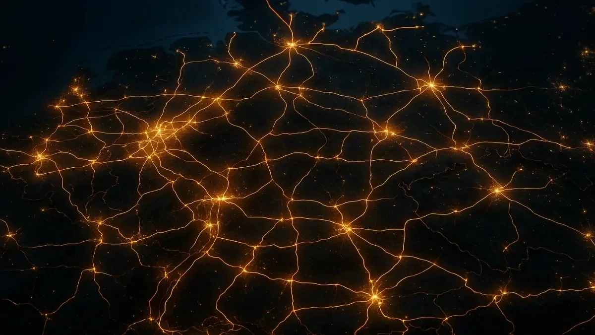 Leuchtende Datenverbindungen symbolisieren die digitale Vernetzung in einer modernen Stadt.